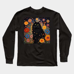 Black Cat With Stars and Flowers Long Sleeve T-Shirt